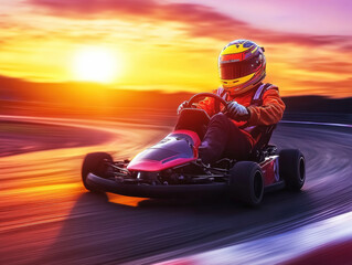 Go-kart racing at sunset on a winding track