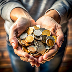 A high-angle view of a hand gently cupping a small pile of assorted coins, .