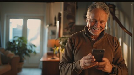 A smiling elderly man interacting with his smartphone in a cozy home.