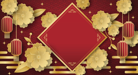 Chinese festival banner with red lanterns hanging on flowers with golden frame for your copy space on red pattern background. Design for Chinese New Year, Lunar new year, Mid-autumn festival.
