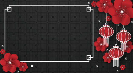 Chinese festival banner with red lanterns hanging on flowers with white frame for your copy space on black pattern background. Design for Chinese New Year, Lunar new year, Mid-autumn festival.
