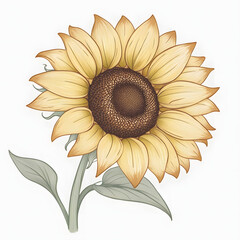 Sunflower: A close-up illustration of a vibrant sunflower, depicting intricate petal details, central disc florets, and lush green leaves against a soft backdrop.