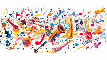 Fototapeta premium A vibrant collection of colorful music notes and various musical instruments, beautifully arranged on a white background, lively and artistic design perfect for a music festival banner or poster