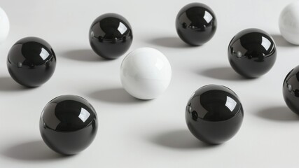 An artistic arrangement of glossy black and white spheres.