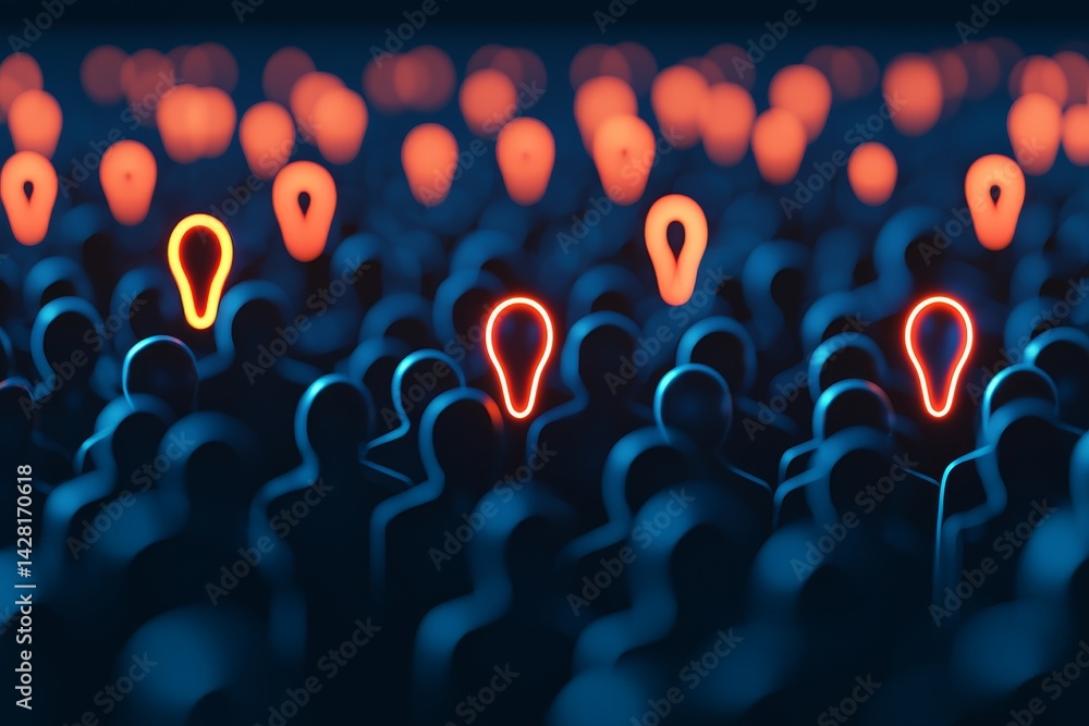 Poster Crowd of abstract figures with glowing lightbulb heads in dark setting.