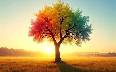 Obraz premium a single tree with branches bearing leaves in every color of the rainbow