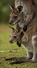 Fototapeta premium Wallaby with Baby in Pouch on Green Grass, Wildlife Portrait