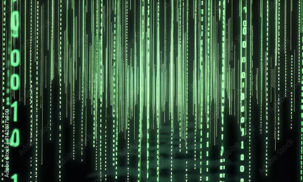 Aufkleber green digital matrix code flows in cyberspace, symbolizing hacking, data, and futuristic virtual tec
