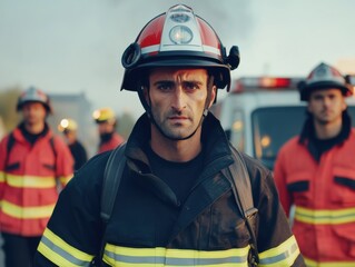 Firefighter leading team during emergency response at sunset