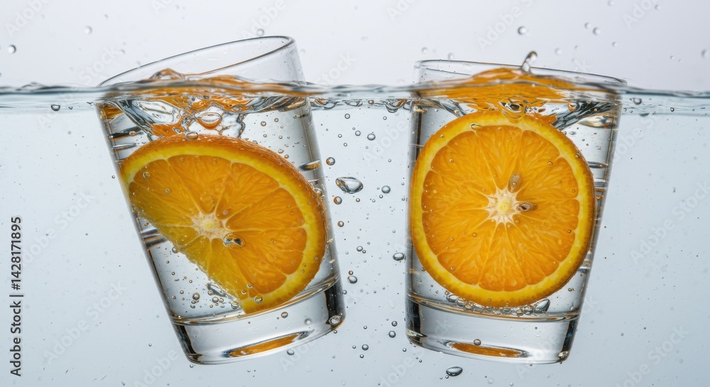 Poster two glasses of water with orange slices and bubbles creating a refreshing and vibrant scene