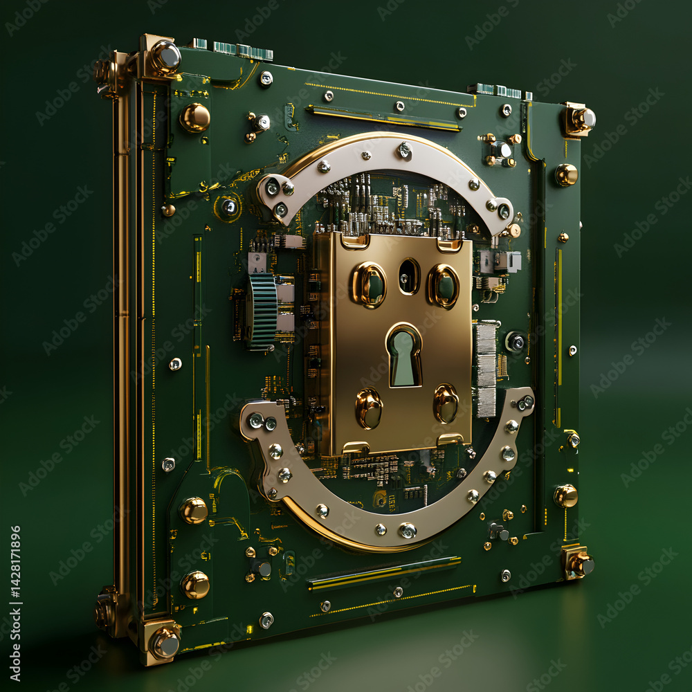 Poster circuit board data security: a detailed view of a circuit board with a keyhole symbol, highlighting 