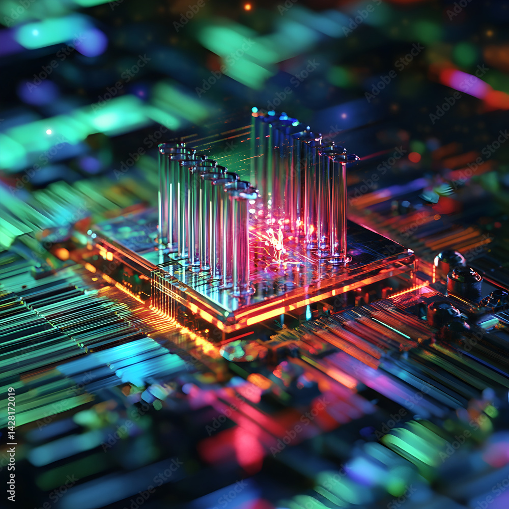 Poster abstract cpu: a captivating abstract close-up of a glowing circuit board with a futuristic transpare