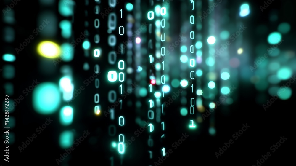 Poster digital curtain of binary code illuminated by green and blue lights in a futuristic environment