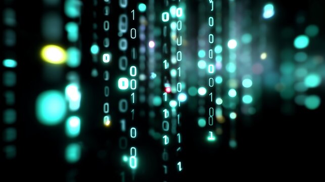 Digital curtain of binary code illuminated by green and blue lights in a futuristic environment
