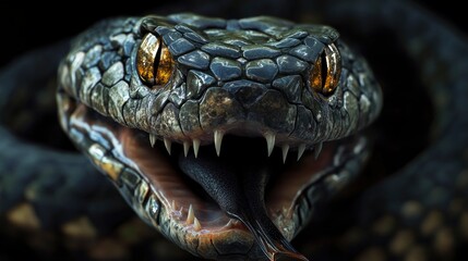 Fototapeta premium A dramatic macro close-up of a fierce serpent with its jaws wide open, showcasing imposing, elongated fangs
