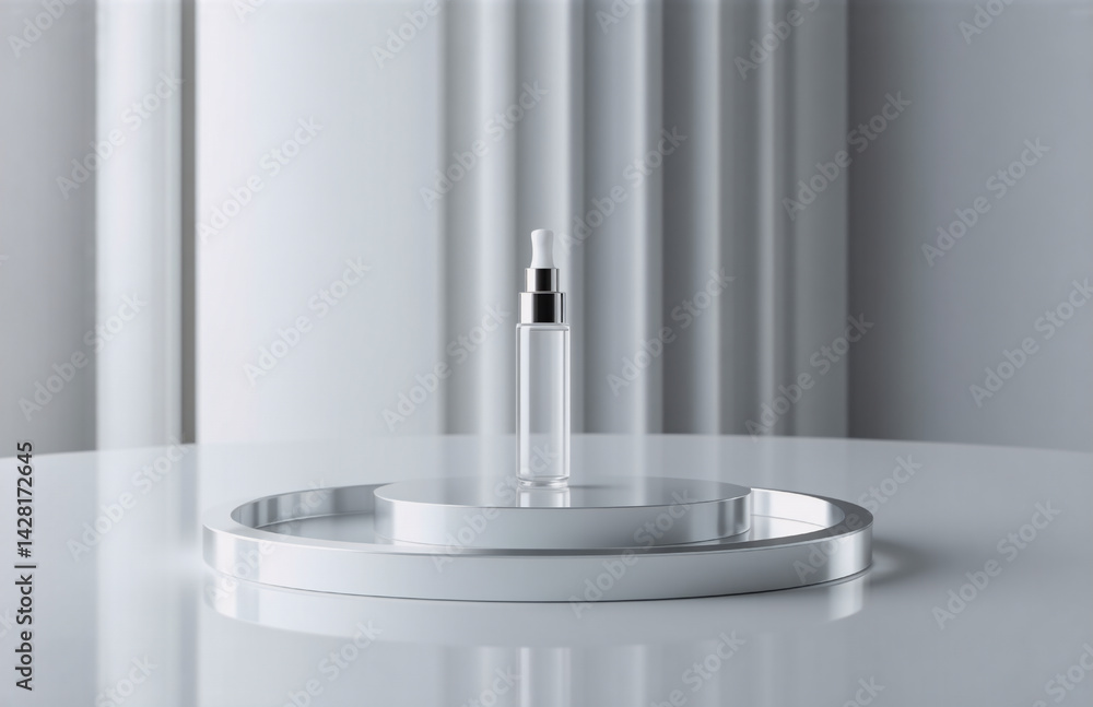Poster elegant cosmetic product stands on a white pedestal in a minimalist studio setting. clean lines and 