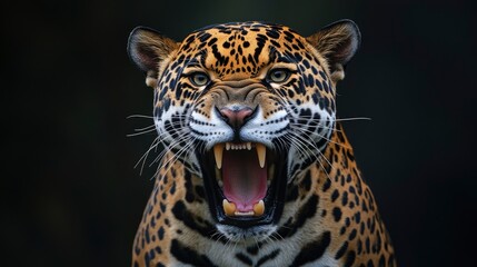 Fototapeta premium A dramatic macro shot of a jaguar, its mouth wide open in a fierce snarl, revealing its razor-sharp teeth