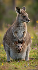 Fototapeta premium Kangaroo with Joey Standing in Grassy Meadow at Dusk