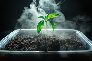 Cannabis Seedling Emerging from Soil with Steam