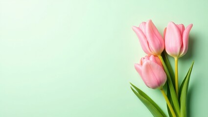 Fototapeta premium Beautiful composition of spring flowers – bouquet of pink tulip flowers on a pastel green background. Valentine's Day, Easter, Birthday, Happy Women's Day, Mother's Day. Flat lay, top view, copy space