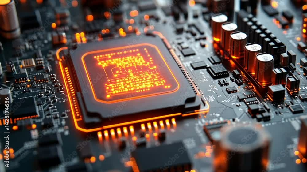 Poster close-up view of a glowing microprocessor on a circuit board, showcasing technology in detail