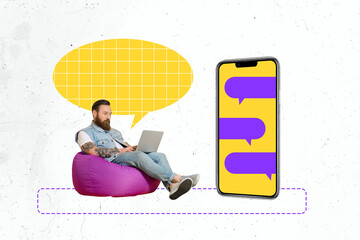 Composite trendy magazine photo collage of serious man sit beanbag type laptop message bubble phone...