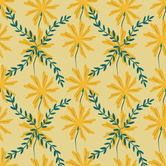 Collection of vector illustrations, yellow flowers. Field flowering plants. Green leaves.