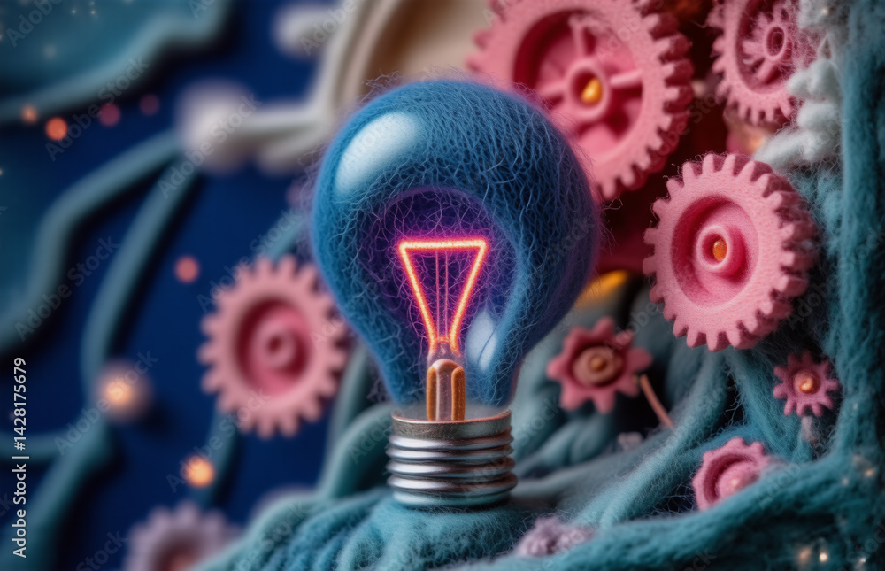 Poster a close-up of a glowing light bulb, featuring pink gears and a blue background with soft textures. t