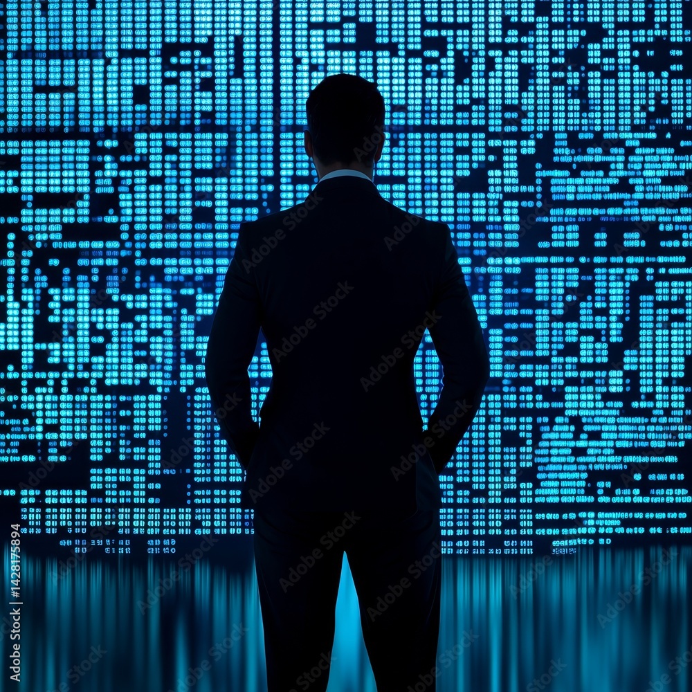 Poster man in a suit gazing at a digital data display.