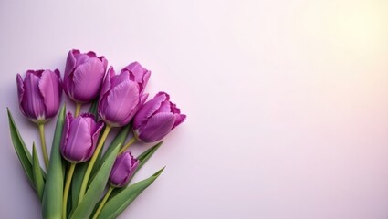 Fototapeta premium purple background with a beautiful composition of spring flowers—a bouquet of purple tulip flowers. Valentine's Day, Easter, Birthday, Happy Women's Day, Mother's Day. Flat lay, top view, copy space.
