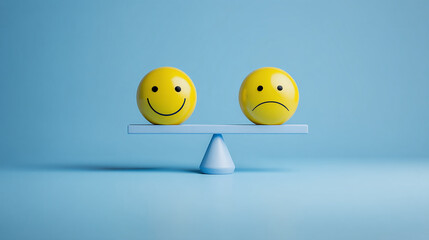 happy and sad smiley face emojis on a balance scale - on a Blue background.