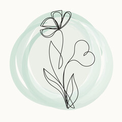 Elegant Minimalist Line Art Flower with Heart Shape on Soft Green Background