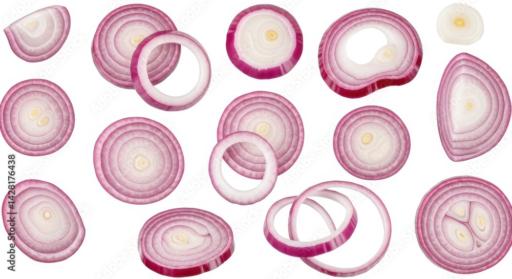 Aufkleber a collection of sliced red onions isolated on a white background showing the onion rings and layers