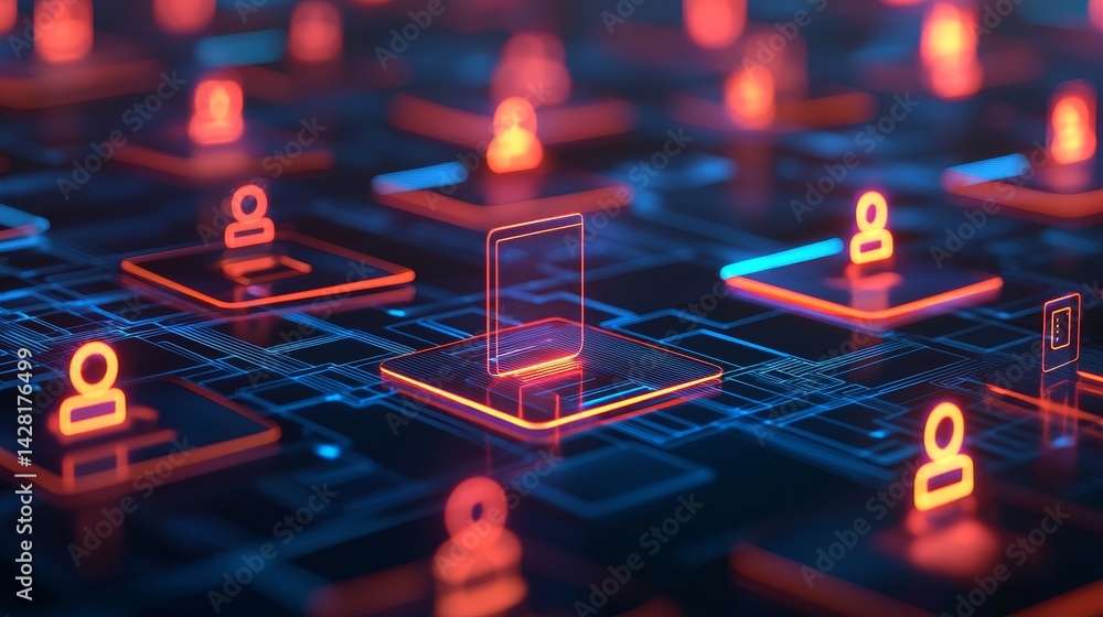 Poster digital network with glowing icons and connections representing communication.