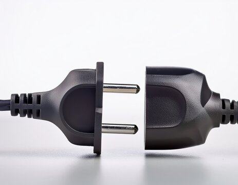 Close-up of unplugged black electrical plug and socket on white background