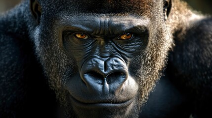 Obraz premium A powerful close-up of a gorilla, showing its strong, muscular face with an intense and thoughtful expression