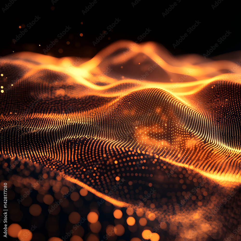 Poster glowing abstract particles wave: a mesmerizing display of glowing, flowing particles creates an abst