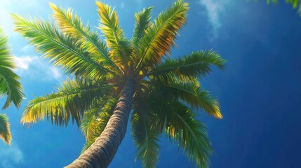 Naklejka premium The Vibrant Green Fronds of a Coconut Palm Under the Bright Sun