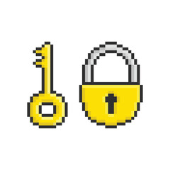 Fototapeta premium Pixel art of a yellow key and padlock icon. Retro 8-bit style design representing access, security, unlocking, or digital safety in games or tech visuals.