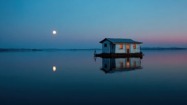 Tranquil floating house at dawn under a luminous moon.
