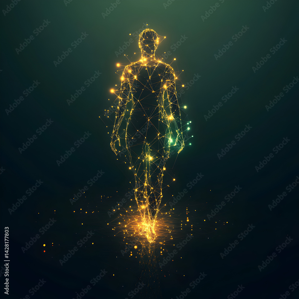 Poster digital abstract: abstract human form shimmering with intricate illuminated details, symbolizing the
