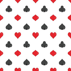 Seamless pattern of playing card suits spades, hearts, diamonds, and clubs. Red and black symbols on a white background. Ideal for casino, poker, and gambling themed designs.