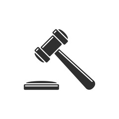 A judge or auctioneer gavel icon. A black and white minimalist symbol representing law, justice, court, legal decisions, or auctions.