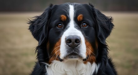 Portrait of a Bernese Mountain Dog with Expressive Eyes Outdoors