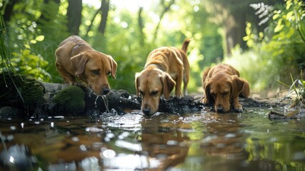 Three dogs drinking from a serene, sunlit stream in nature.