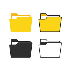Folder icons set, isolated on white background. Open and close yellow folders with documents. Modern flat design vector illustration concept for web banners, web and mobile app, websites, infographic.