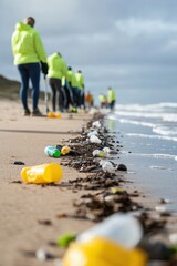 Obraz premium Beach Cleanup Crew Collecting Litter on Shoreline on Overcast Day.
