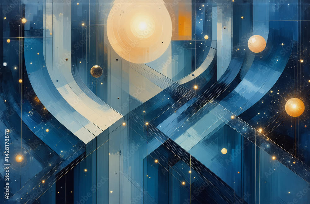 Poster abstract image with blue geometric forms and golden spheres. lines and curves create depth, suggesti