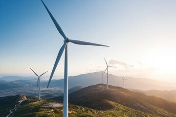 Obraz premium Wind Turbines on Mountain Landscape at Sunrise - Renewable Energy Concept.