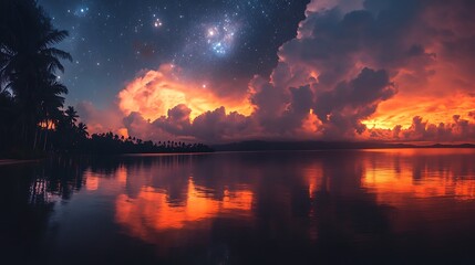 Obraz premium Night Sky over Calm Water, Tropical Beach